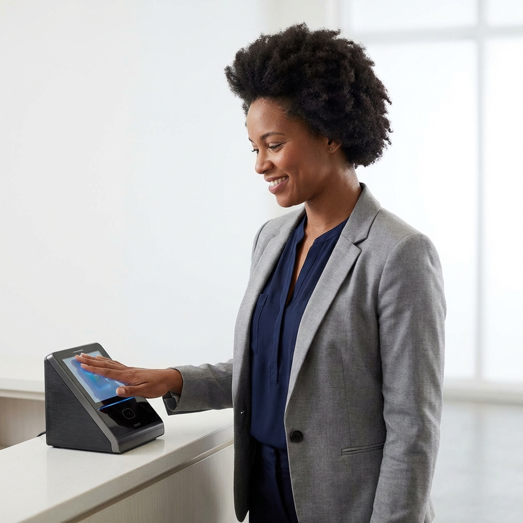 Person using BIOPIA palm scanner